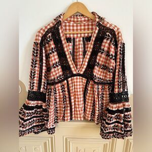 Dodo Bar Or Angel M Gingham Lace Embroidered Smocked Blouse Top Bell Sleeve